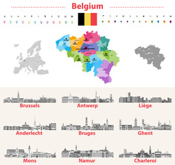Obraz premium Belgium map with main cities skylines vector set