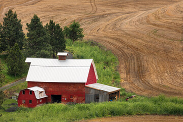 Red barn in harvested wheat field, Palouse region of eastern Washington.