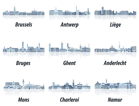 Belgium main cities cityscapes in tints of blue color palette. Сrystal aesthetics style