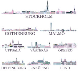 Swedish cities skylines icons in rich pastel bright colorful palette