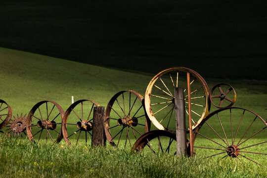 Metal wheel fence at the Dahmen Barn, Palouse region of eastern Washington., Uniontown