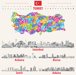 Turkish skylines in grayscale color palette. Flag and map of Turkey
