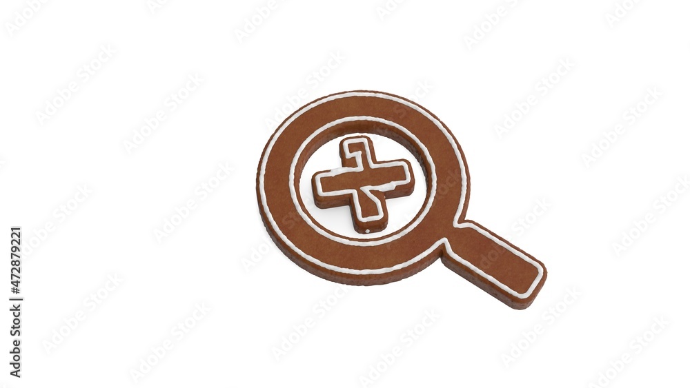 Poster 3d rendering of gingerbread symbol of search plus isolated on white background