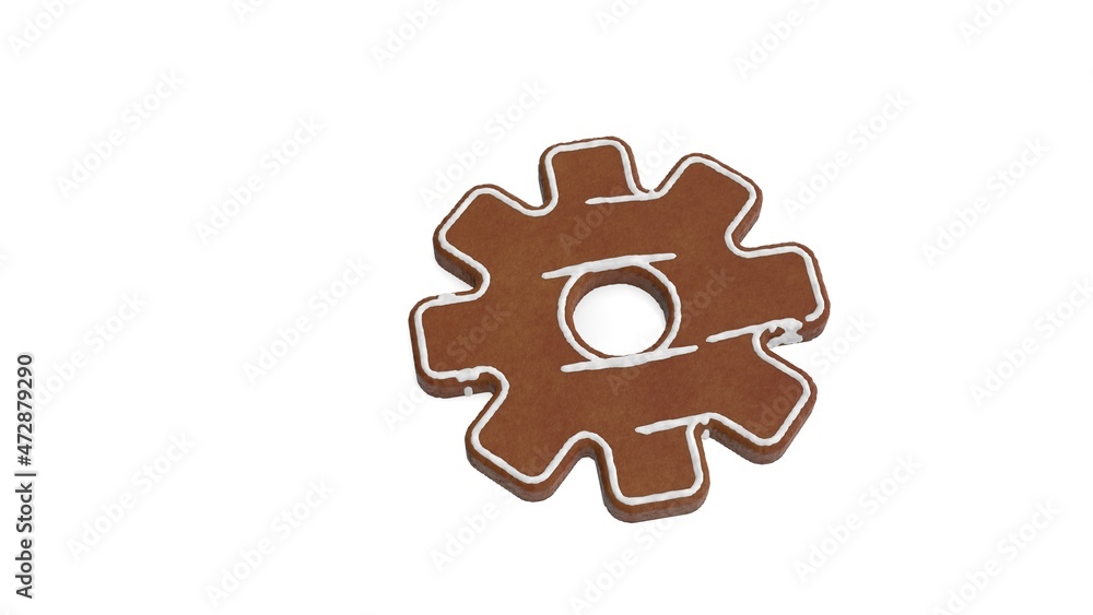 Poster 3d rendering of gingerbread symbol of settings isolated on white background