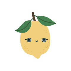 Cute kawaii lemon with eyes and a smile. Yellow lemon with green leaves. Cartoon childish image of pineapple character. Isolated fully editable vector flat illustration on white background.