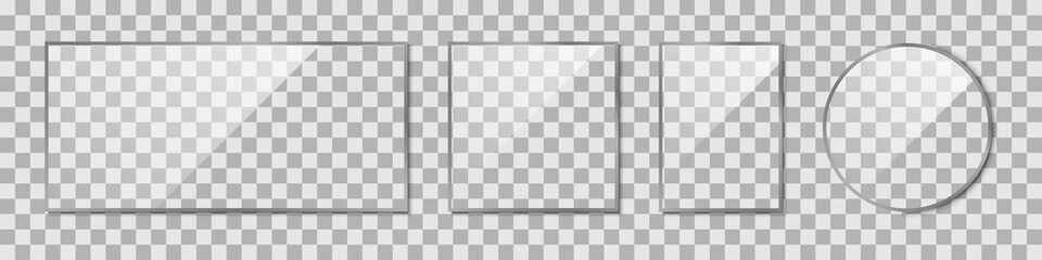 Realistic transparent glass frames. Vector glass plates with shadow, isolated.