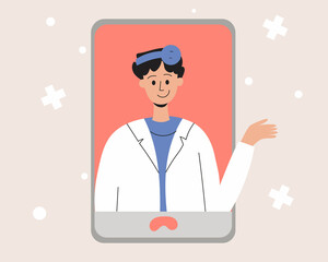 The doctor consults online via phone. Online consultation, remote communication, help. Vector illustration