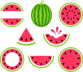 Watermelon vector set isolated on white background. Watermelon slice and monogram frame cut files