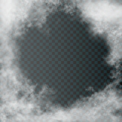 White heaven like clouds around the square frame with empty space for text or inscription. Vector light realistic cloudiness or haze isolated on transparent background. Abstract backdrop. - obrazy, fototapety, plakaty