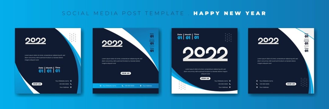 Set of social media post template with wavy blue background design. Happy new year 2022 template design.