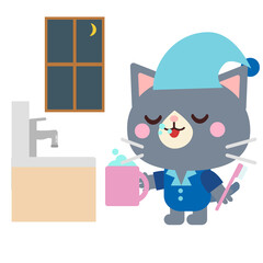 夜に歯磨きをする猫イラスト