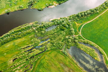 Naklejka na ściany i meble Aerial View Of Green Forest, Meadow And River Marsh Landscape In Summer. Top View Of European Nature From High Attitude In Spring. Bird's Eye View Of Flood Of River In Spring. Flat View
