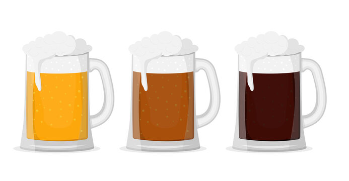 Set of different types of beer mugs. Vector illustration isolated on white background.