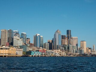 Fototapeta na wymiar Usa, Washington State, Seattle, downtown skyline viewed from boat in Elliott Bay of Puget Sound