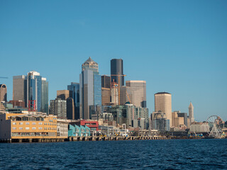 Usa, Washington State, Seattle, downtown skyline viewed from boat in Elliott Bay of Puget Sound