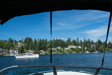 Usa, Washington State, Bellevue, Meydenbauer Bay and downtown Bellevue, view through boat canopy