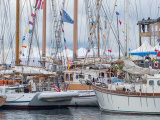 Usa, Washington State, Port Townsend. Sailboats docked in marina during Port Townsend Wooden Boat Festival, held annually in September.