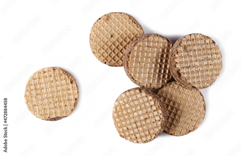 Wall mural pile round wafer with cocoa cream, bars isolated on white background, top view - Wall murals