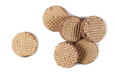 Pile round wafer with cocoa cream, bars isolated on white background, top view