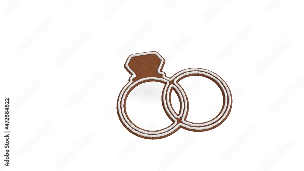 Poster 3d rendering of gingerbread symbol of proposal rings isolated on white background