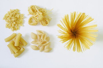 Italian spaghetti, rigatoni, farfalle, conciglioni and tagliatelle on a white plate. Assorted and varieties of pasta. Flat Lay