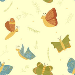 Vector seamless pattern with butterflies. Hand drawn ornament for fabrics, linen, wrapping paper and other surface designs. Tender colors and cute elements for your design