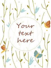 Beautiful vector frame with butterflies and flowers. Vintage border with place for your text. Hand drawn elements for invitations, greeting cards, certificates, vouchers