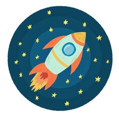 Hand drawn vector illustration, colorful cute rocket flying among start. Child conposition upon round background, cheerful design for prints, cards, interiors, playroom design, planetarium