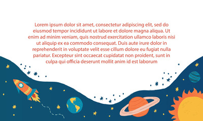 Vector template with place for your text. Horizontal frame decorated with space illustration, stars, rocket flying in space. Colorful frame for invitations, tickets, vouchers, certificates