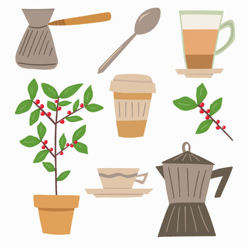 Colorful vector set, vector illustration  with coffee concept. Flat design set can be used for advertising, menu, posters, stickers. Coffee tree in a pot with red coffee beans