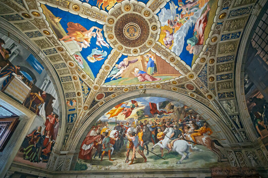 Vatican, Italy - January, 4, 2020. Stanze of Raphael paintings in the Museum of Vatican. The Museum is one of the most famous travel distinations of the world.