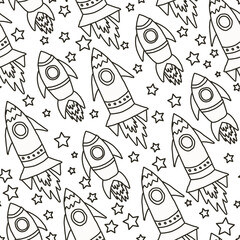 Naklejka premium Black and white cosmic vector seamless pattern. Rocket texture for baby boy stuff design. Cute pattern with hand drawn elements for covers, wall paper, wrapping paper, fabric and other child designs