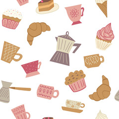 Colorful vector seamless pattern for kitchen and cafe design. Hand drawn colorful cups and pastry can be used for textile, fabric, table cloth, napkin. towel. mud, dish, kitchen utensils designs