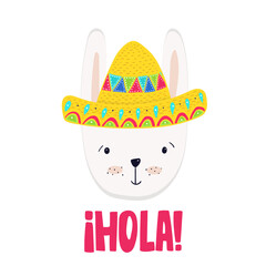 Adorable bunny in colorful sombrero, vector  illustration in mexican style for cards, prints, posters and other designs. Cartoon animal portrait with wors Hola. Cute lettering template