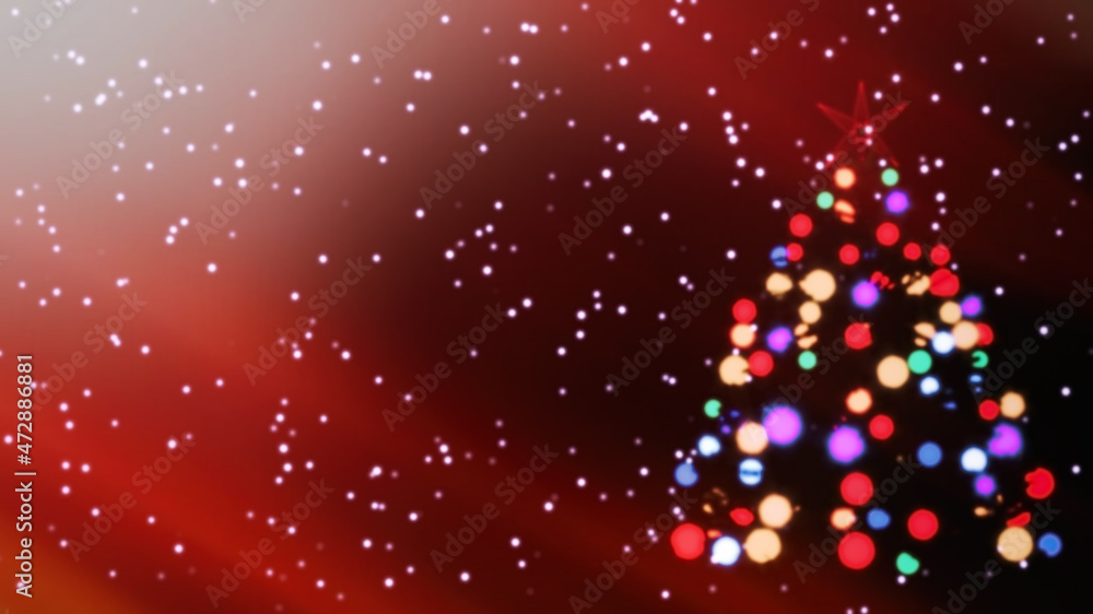 Poster round, multi-colored bokeh in the shape of a christmas tree. gradient red background with blurry, wh