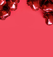 Valentine background with balloons hearts on red. Happy lovers day card,