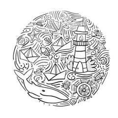 Hand drawn vector illustration for prints and other designs. Round composition with nautical elements and sea animals