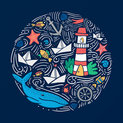 Colorful hand drawn vector illustration for prints, bags, t-shirts, cards and other designs. Round composition with nautical elements, light house and sea animals