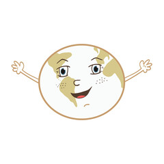 Earth Day vector illustration. Cartoon hand drawn Earth with cute face and hands. Green ribbon with words 