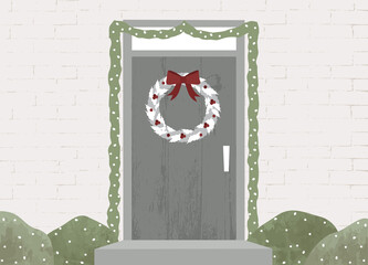 A gray toned holiday door with wreath, in a cut paper style with textures
