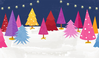 A playful night time colorful Christmas tree lot, in a cut paper style with textures
 - obrazy, fototapety, plakaty