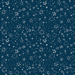 Starry sky ornament,  hand drawn vector seamless pattern for backgronds, wallpapers, wrapping paper, ceiling decoration and other designs