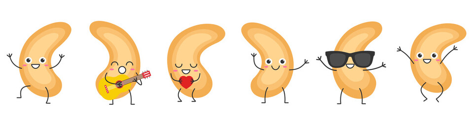 Set cashew nut greeting jumping loves sings cute character cartoon emotions joy happy smiling face icon beautiful vector illustration.