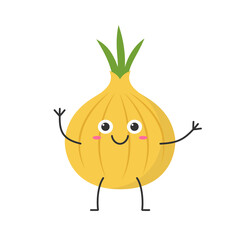 Onion hand greeting cute character cartoon emotions joy happy smiling face icon beautiful vector illustration.