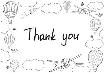 Vector illustration, handwritten words 'Thank you' in hand drawn frame. Outlines in cartoon style. Editable template with layers for posters, cards, postcards, prints and other design