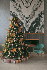 Elegant christmas tree with gifts, cozy fireplace and green armchair