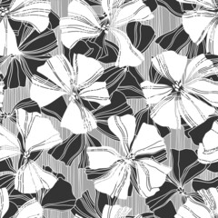 Seamless pattern with abstract flowers, stripes on gray background. Monochrome vector illustration. Floral background. Perfect for design templates, wallpaper, wrapping, fabric and textile.