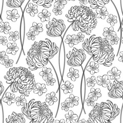 Chrysanthemums and  sakura on white background. Seamless vector pattern. Nature background. Perfect for design templates, wallpaper, wrapping, fabric and textile.