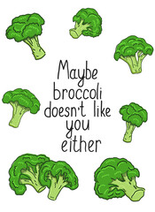 Vector illustration, kitchen poster with funny quote Maybe broccoli doesn't like you either. Colorful illustration of broccoli with outlines.