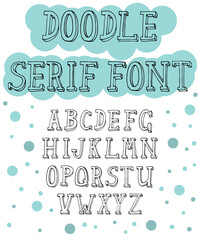 Hand drawn serif font for different designs. 3d doodle type. Creative typography with textured outlines. Vector illustration